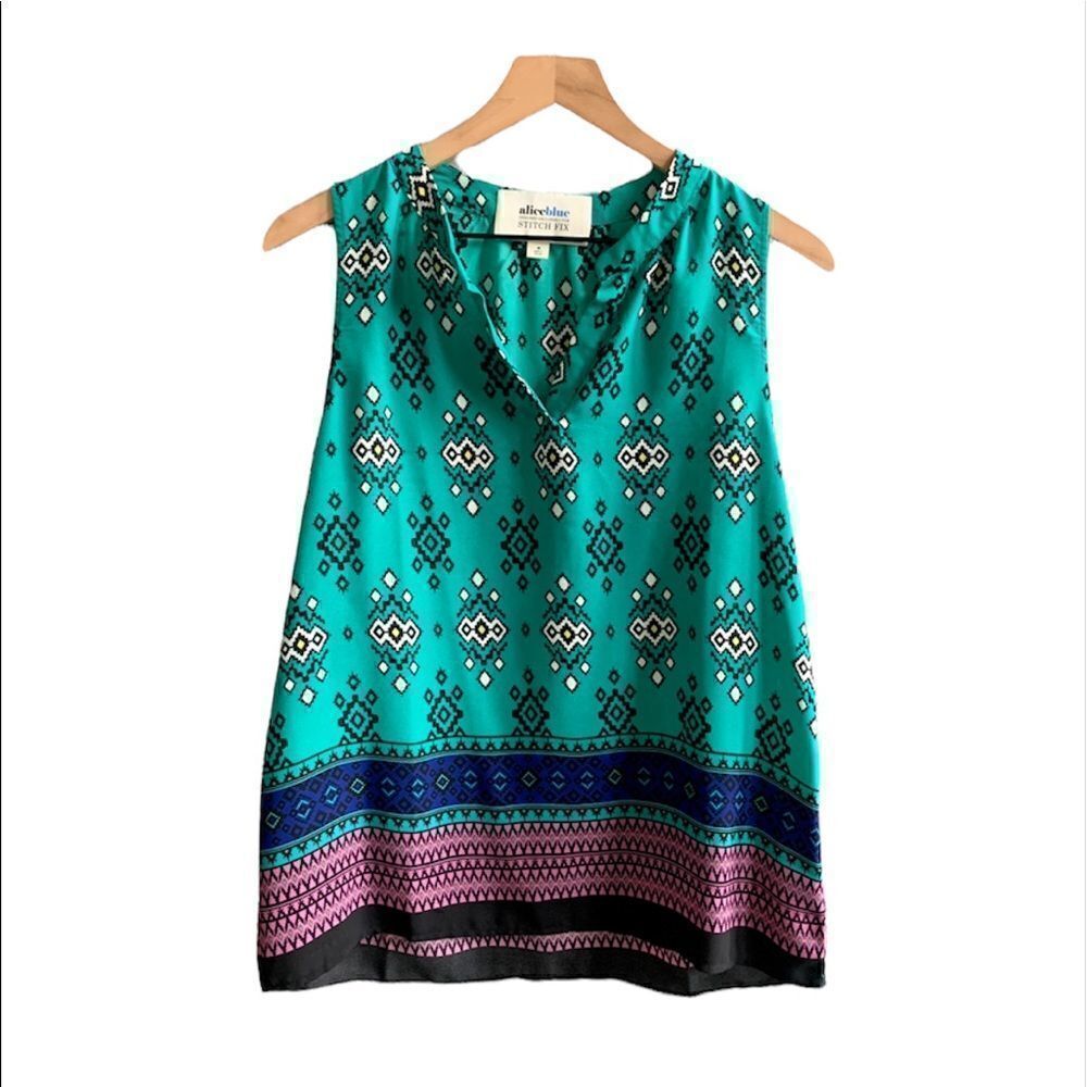 Alice Blue for Stitch Fix Teal Diamond Boho Sleeveless Blouse V-Neck Medium